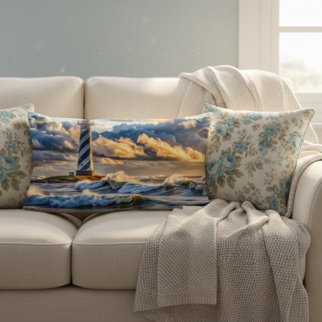 Dramatic Lighthouse Seascape with Stormy Waves Lumbar Pillow (Creator Uploaded)