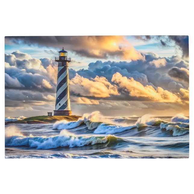 Dramatic Lighthouse Seascape with Stormy Waves Metal Print (Front)