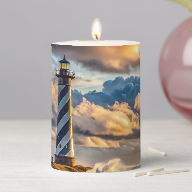Dramatic Lighthouse Seascape with Stormy Waves Pillar Candle (In Situ)