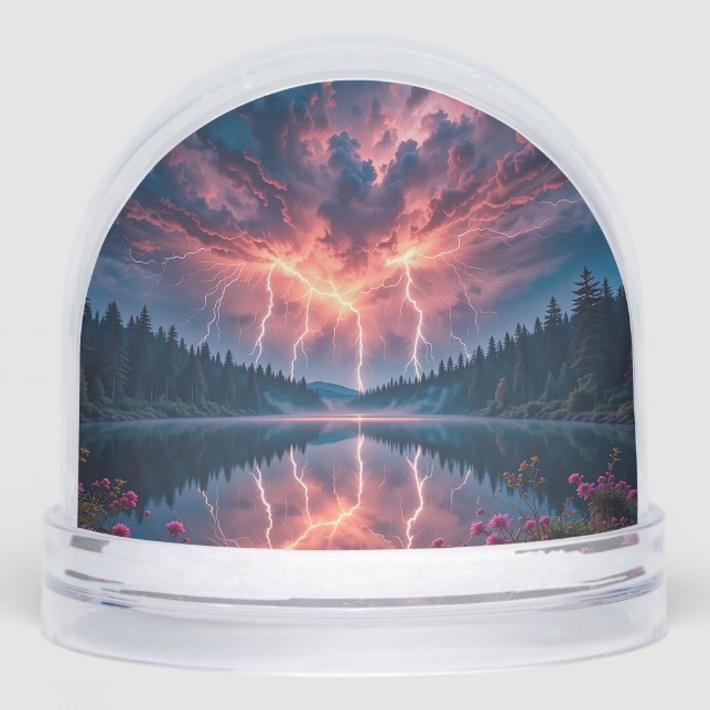 Dramatic Lightning over a Serene Forest Lake Snow Globe (Front)