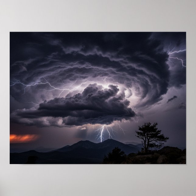 Dramatic Lightning Over Mountain Peaks Poster (Front)