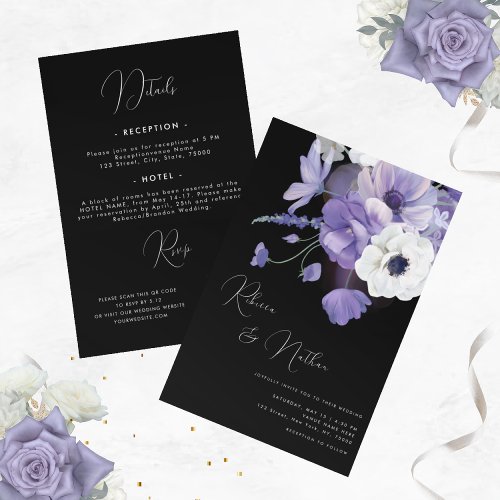 Dramatic Lilac Lavender Floral All in One Wedding Invitation