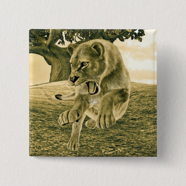 Dramatic Lioness Safari Wildlife Art Button (Front)