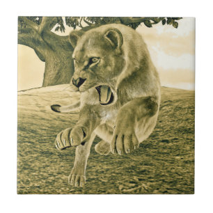 Dramatic Lioness Safari Wildlife Art Ceramic Tile
