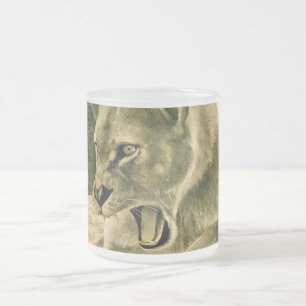 Dramatic Lioness Safari Wildlife Art Frosted Glass Coffee Mug