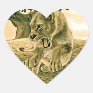Dramatic Lioness Safari Wildlife Art Heart Sticker