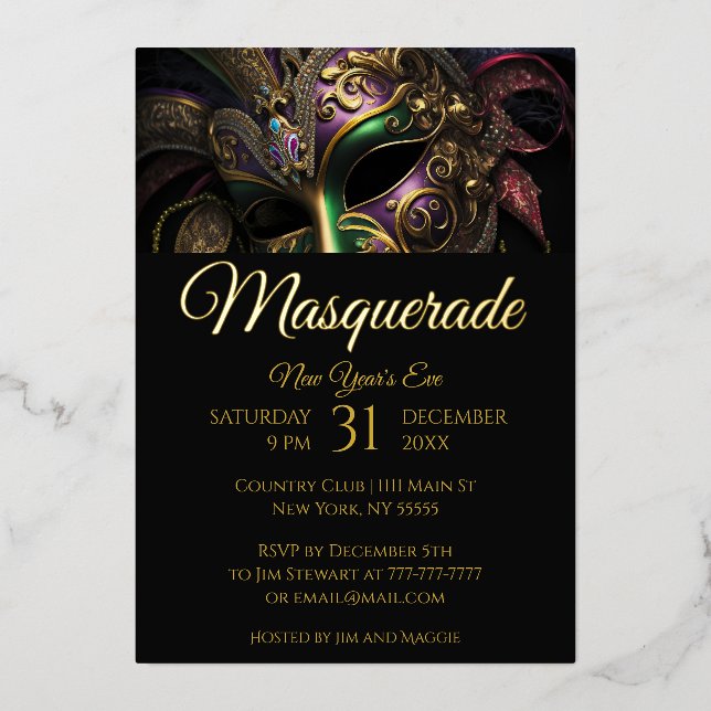 Dramatic Masquerade Mask Party Invitation Foil Invitation (Front)