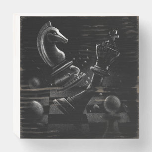 Dramatic Monochrome Chess Moment Wooden Box Sign