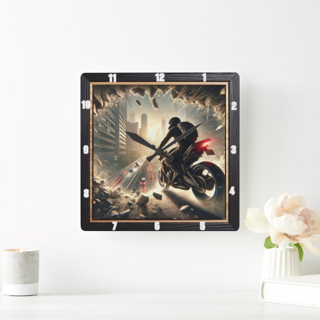 Dramatic Motorbike Escape Through City Debris Square Wall Clock (Home)