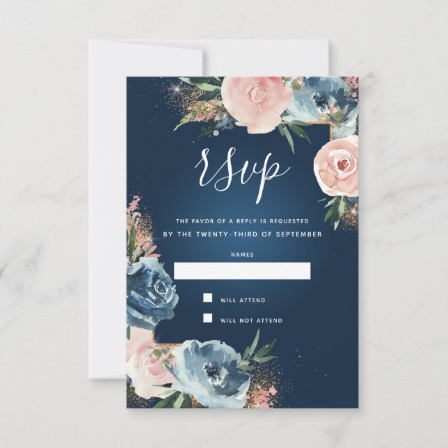 Dramatic Navy Blue and Blush Floral Boho Glitter RSVP Card (Front)