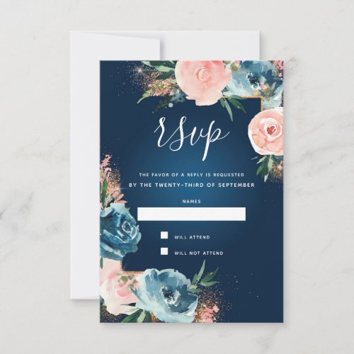 Dramatic Navy Blue and Blush Floral Boho Glitter RSVP Card