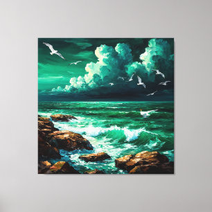 Dramatic Ocean Scene With Seagulls and Waves Canvas Print