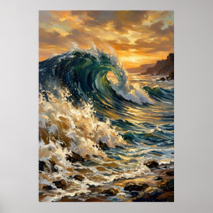 Dramatic Ocean Wave Golden Sunset Seascape Art Pri Poster