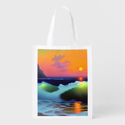Dramatic Ocean Waves and Sunset Grocery Bag