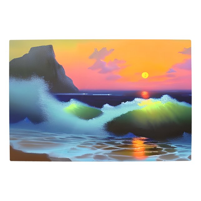 Dramatic Ocean Waves and Sunset Metal Print (Front)