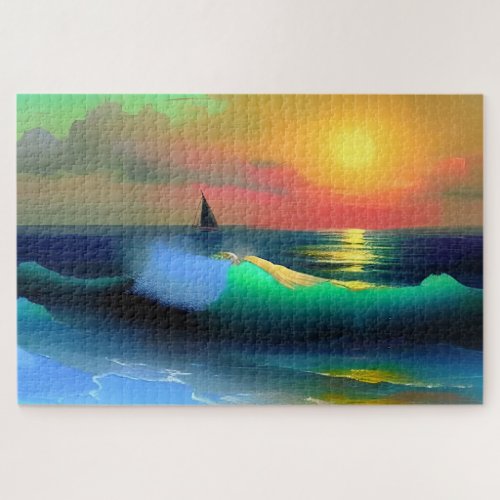 Dramatic Ocean Waves and Sunset Reflection Jigsaw Puzzle