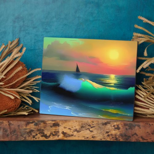 Dramatic Ocean Waves and Sunset Reflection Plaque