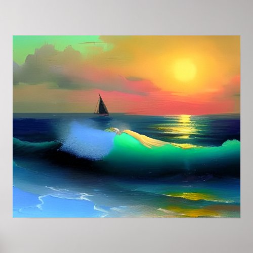 Dramatic Ocean Waves and Sunset Reflection Poster