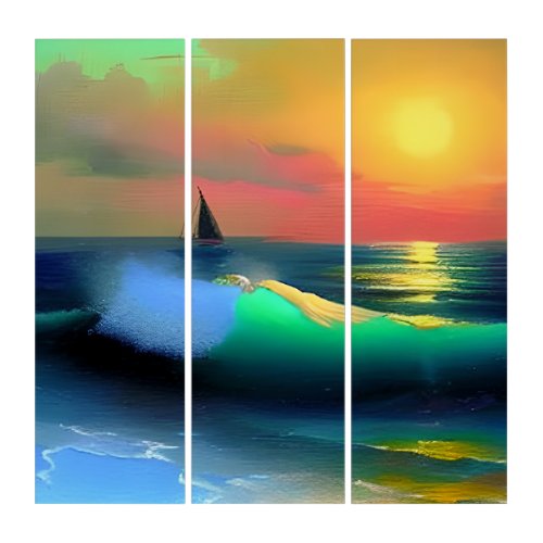 Dramatic Ocean Waves and Sunset Reflection Triptych