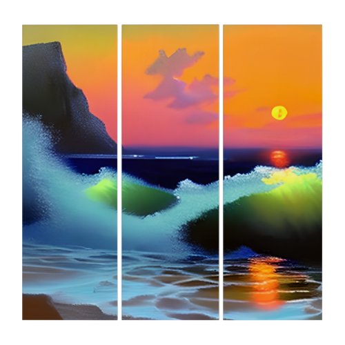 Dramatic Ocean Waves and Sunset Triptych