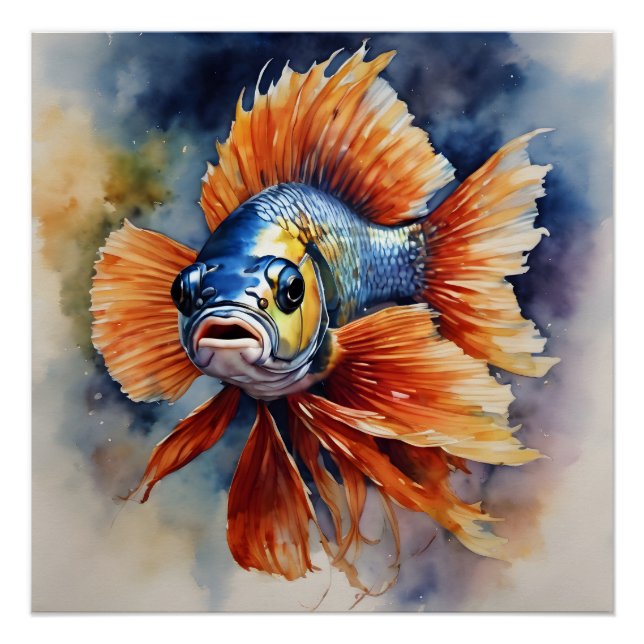 Dramatic Orange & Blue Betta Art Poster (Front)