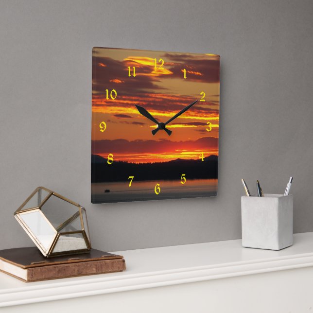 Dramatic Orange Sunset Landscape Square Wall Clock (Office)