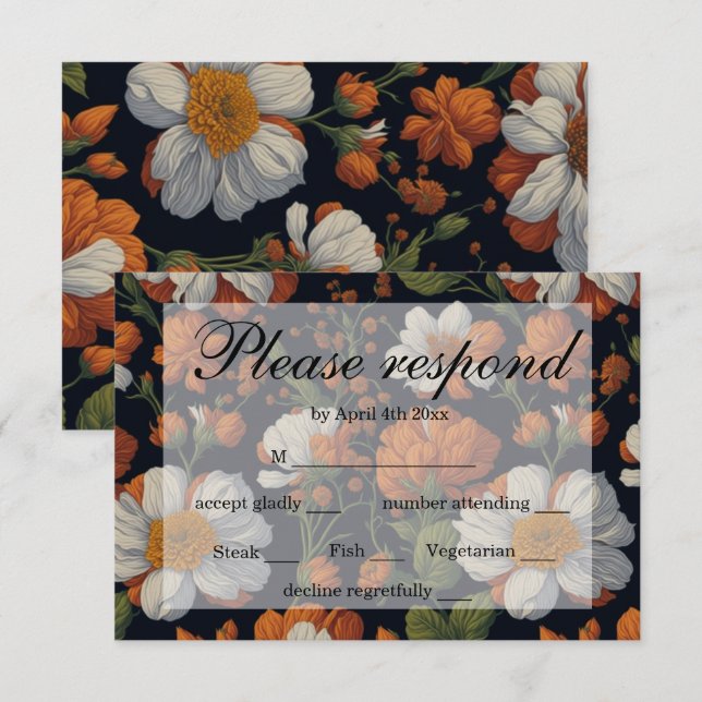 Dramatic Orange white elegant retro flowers RSVP Card (Front/Back)