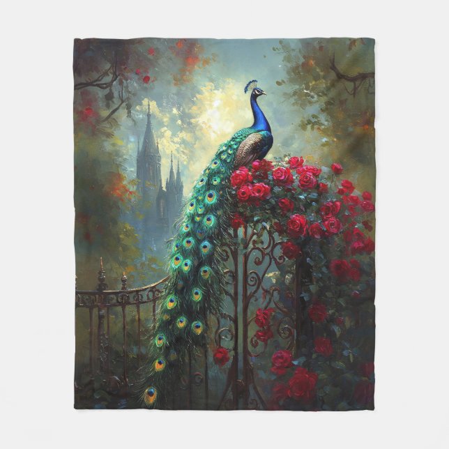 Dramatic Peacock Red Roses Gothic Fleece Blanket (Front)