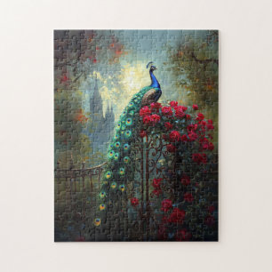 Dramatic Peacock Red Roses Gothic Jigsaw Puzzle