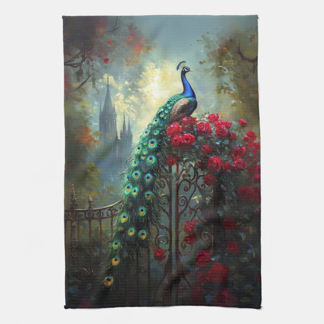 Dramatic Peacock Red Roses Gothic Kitchen Towel (Vertical)