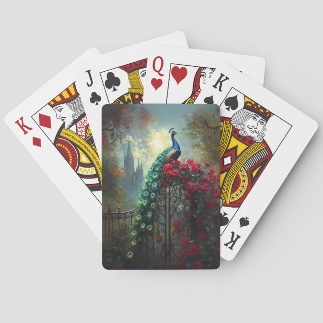 Dramatic Peacock Red Roses Gothic Poker Cards (Back)
