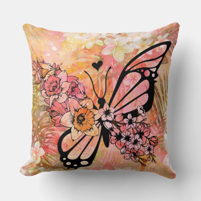 Dramatic Pink Butterfly Illustration Throw Pillow (Front)