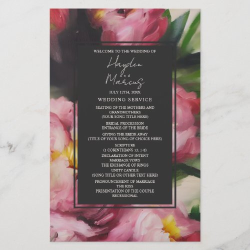 Dramatic Pink Floral Gray Wedding Program