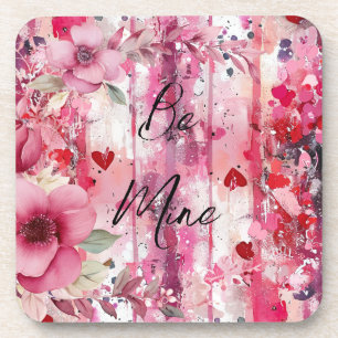 dramatic pink floral hearts Valentine Beverage Coaster