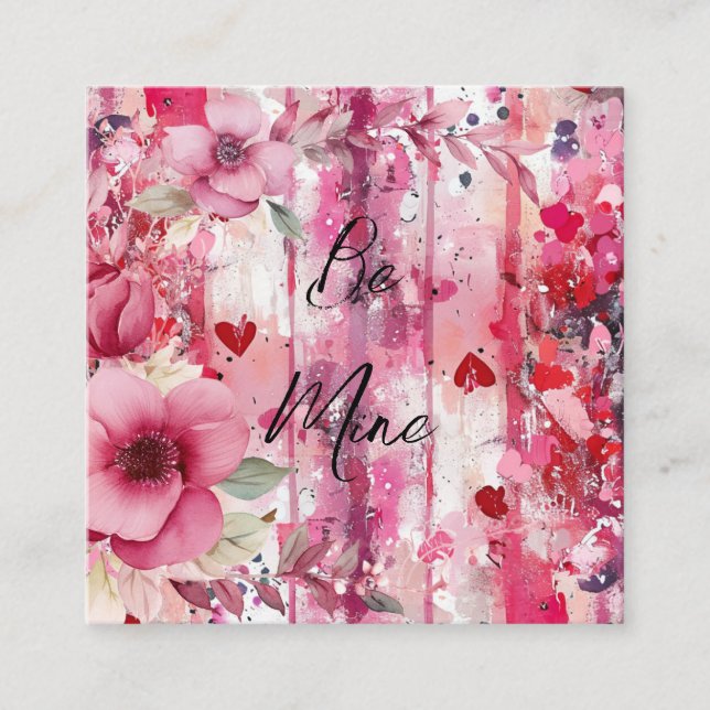 dramatic pink floral hearts Valentine Square Business Card (Front)