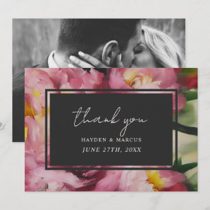 Dramatic Pink Floral Wedding Photo Thank You Card