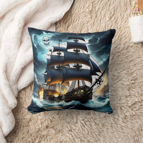 Dramatic Pirate Ship Sails Through Stormy Seas Throw Pillow