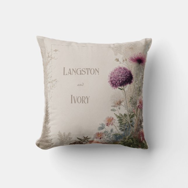 Dramatic Plum Thistle Botanical Grunge Texture Throw Pillow (Front)