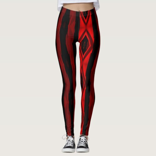 Dramatic Red and Black Stripes Diamond Pattern Leggings