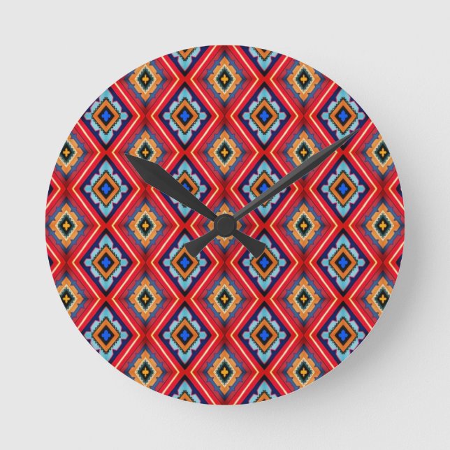 Dramatic Red and Blue Diamond Pattern Round Clock (Front)
