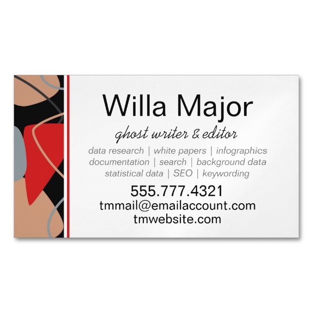 Dramatic Red, Black, Beige Abstract Writers Business Card Magnet (Front)