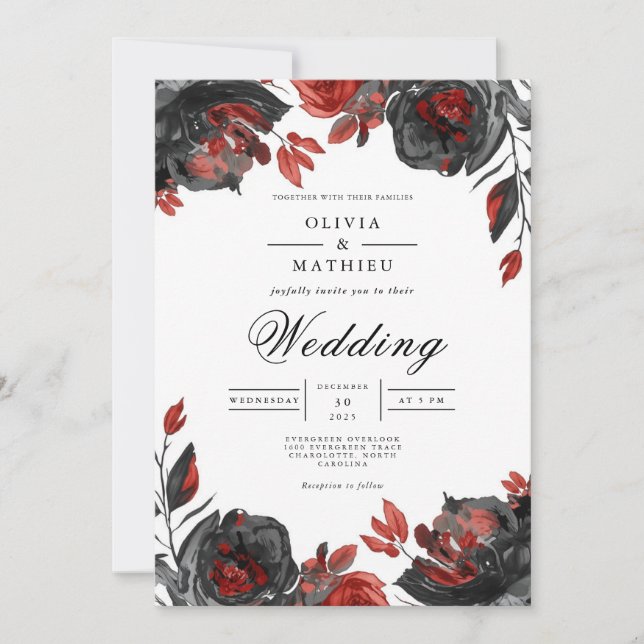 Dramatic Red Bloom Botanical Wedding Invitation (Front)