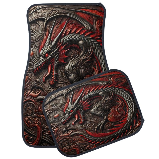 Dramatic Red Dragon in Intricate Relief Design Car Floor Mat (Set)
