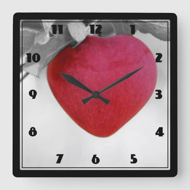 Dramatic Red Heart Shaped Apple Square Wall Clock (Front)