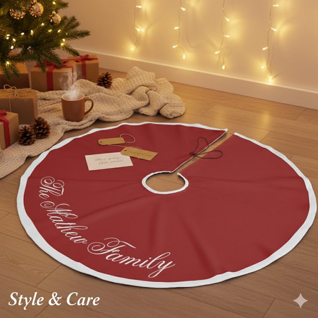 Dramatic Red Personalized Name Holiday Tree Skirt  (Dramatic Red Personalized Name Holiday Tree Skirt Style)