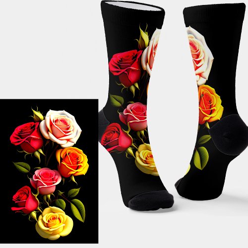Dramatic Red Pink Yellow Roses on  Black Socks