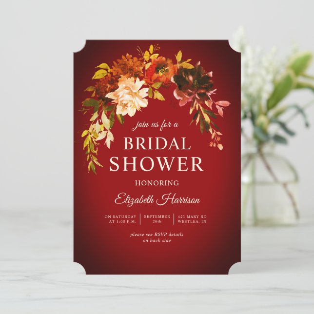 Dramatic Romantic Red Autumn Floral Bridal Shower Invitation (Standing Front)