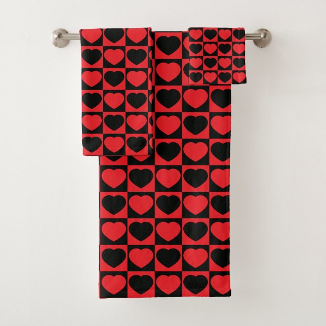 Dramatic & Romantic Red Black Hearts Checkerboard Bath Towel Set (Insitu)
