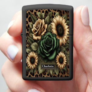 Dramatic Rose Leopard Design: Custom Text Zippo Lighter