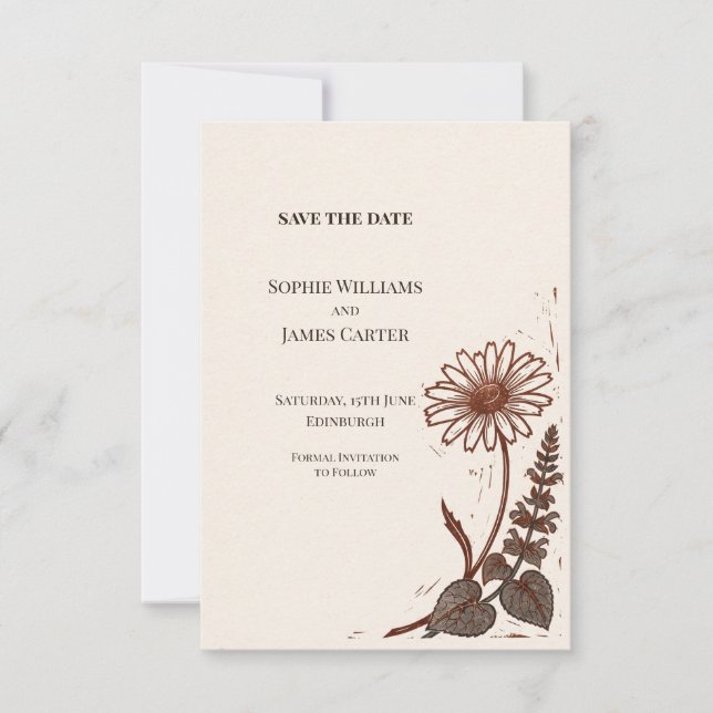 Dramatic Rust Linocut Daisy Save The Date (Front)